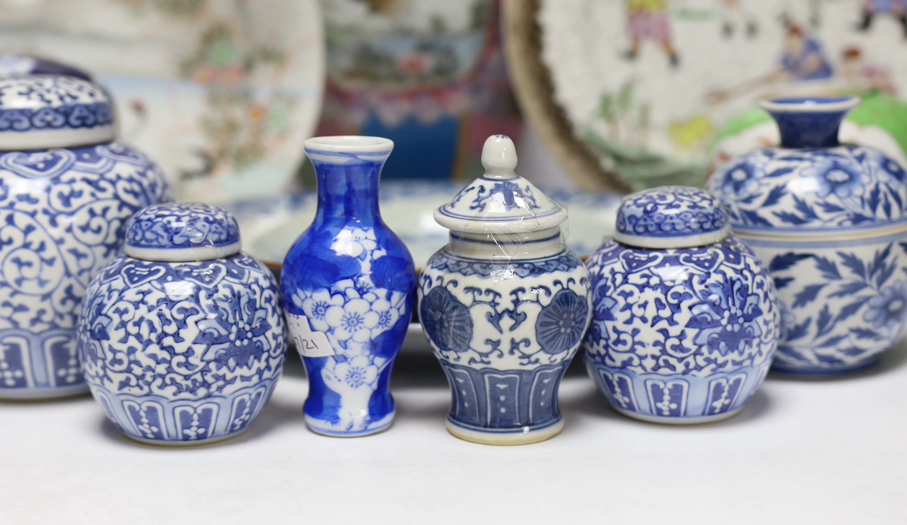 A group of Japanese and Chinese porcelain including an 18th century Chinese export dish, tallest 36cm